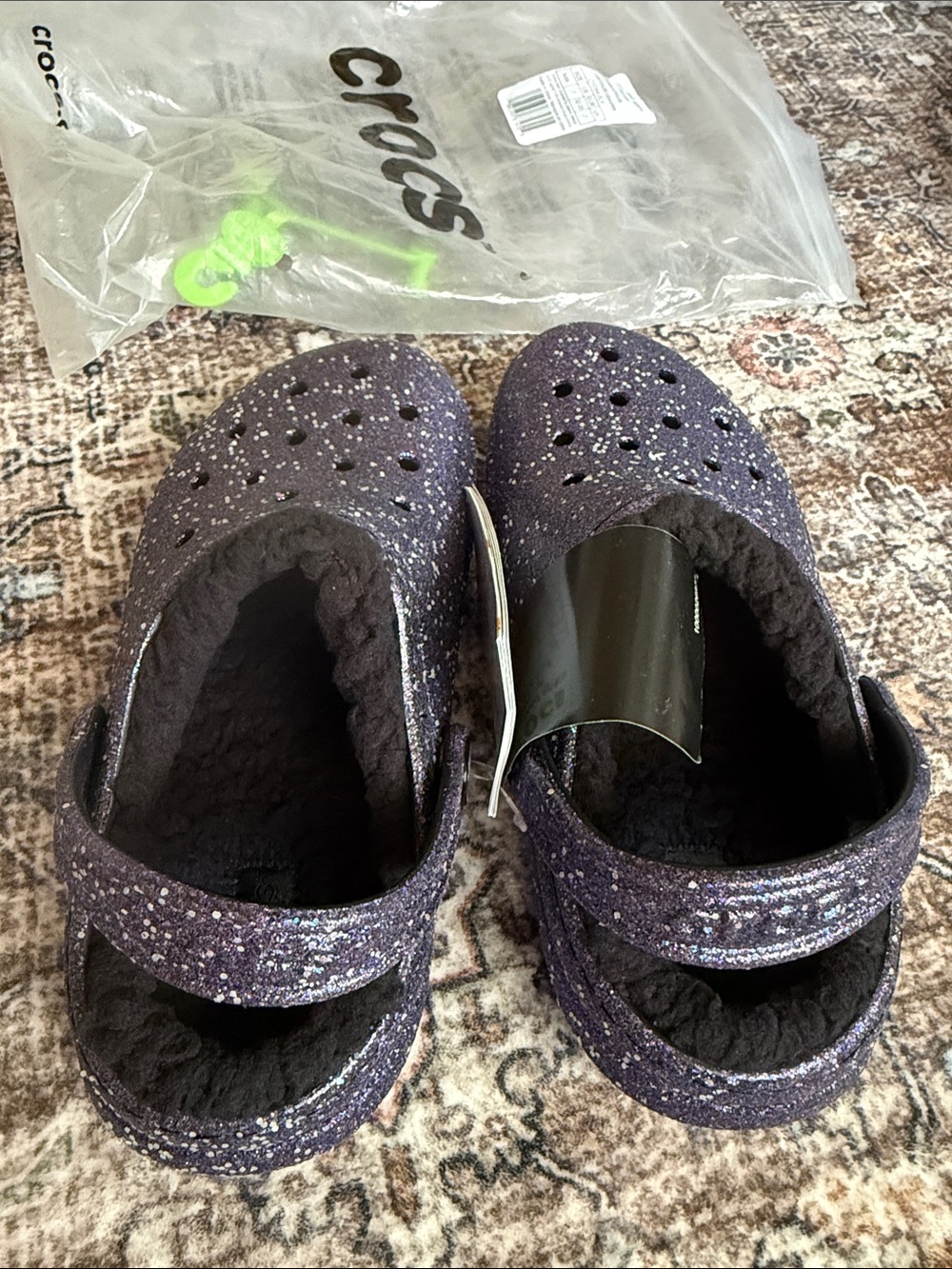 NWT Glittery Purple Galaxy-Like Crocs with Fuzzy Lining Sz 1 kids - Picture 3 of 5